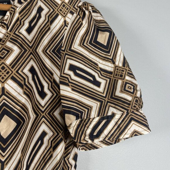 Geometric Print Dress Short Sleeve V Neck Brown Black White Mini Retro Preppy - Picture 2 of 9
